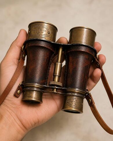 Vintage Solid Brass Marine Telescope Binoculars with Genuine Leather Wrap & Carrying Strap - Handmade Nautical Decorative Antique Gift in Kuwait
