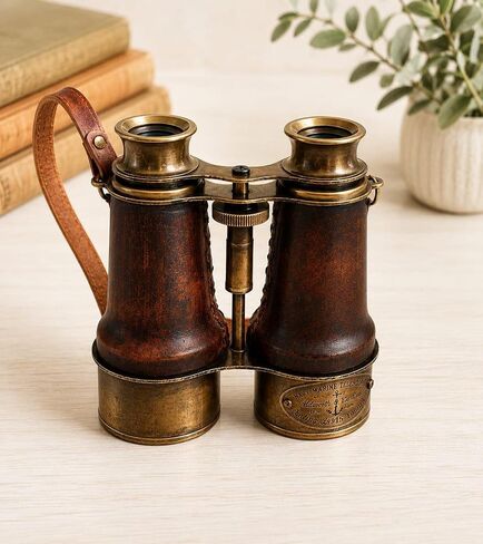 Vintage Solid Brass Marine Telescope Binoculars with Genuine Leather Wrap & Carrying Strap - Handmade Nautical Decorative Antique Gift in Kuwait