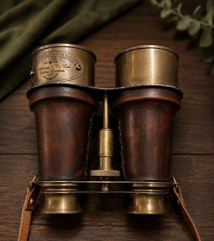 Vintage Solid Brass Marine Telescope Binoculars with Genuine Leather Wrap & Carrying Strap - Handmade Nautical Decorative Antique Gift in Kuwait