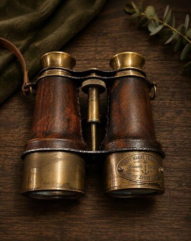 Vintage Solid Brass Marine Telescope Binoculars with Genuine Leather Wrap & Carrying Strap - Handmade Nautical Decorative Antique Gift in Kuwait
