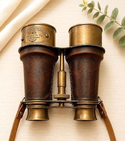 Vintage Solid Brass Marine Telescope Binoculars with Genuine Leather Wrap & Carrying Strap - Handmade Nautical Decorative Antique Gift in Kuwait