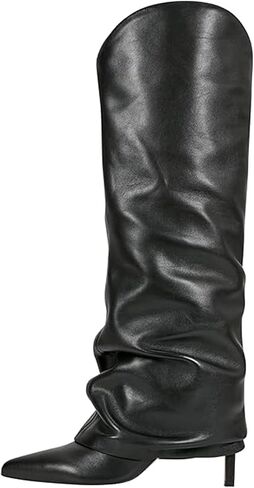Wnshonzy Fold Over Knee High Boots for Women Wide Calf Pointed Toe Tall Boots Stiletto High Heels Long Boots Fall Boots Pull on Fashion Casual Dressy in Kuwait