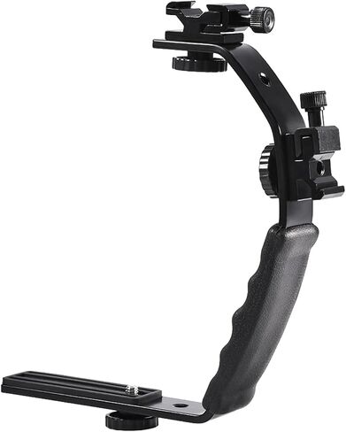 Acouto L Shape Camera Flash Bracket for Mobile Photographers, Durable Aluminum Alloy Design, Ideal for Better Lighting with 2 Hot Shoe Mounts, Black in Kuwait