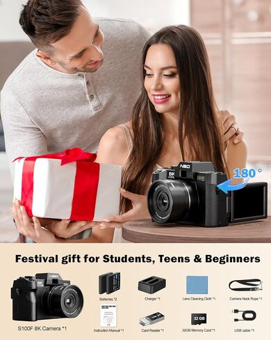 NBD 8K Digital Cameras for Photography,64MP Camara Fotograficas,Travel Vlogging Cameras for YouTube with 180°Flip Screen,16X Digital Zoom,2 Batteries,32GB TF Card,52mm Macro Lens (Black) in Kuwait