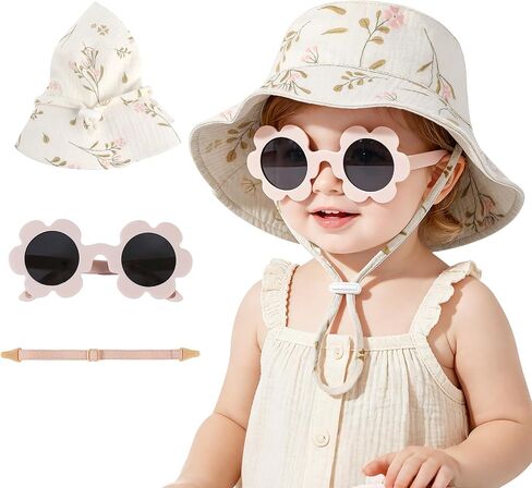Leotruny Cotton Baby Sun Hat: Muslin Adjustable Bucket Hat with Sunglasses | Soft Comfort for Girls 0-12 Months on Beach in Kuwait