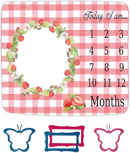 Strawberry Wreath Milestone Blanket Pink Plaid Blanket 48x40in | Lightweight cotton milestone mat with strawberry plaid pattern, decorative butterfly frames for monthly growth record in Kuwait