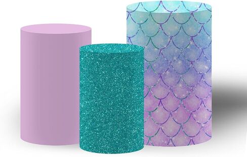 NIVIUS PHOTO Mermaid Purple Cylinder Pedestal Covers, Set of 3,Elastic Spandex,Girl Birthday Baby Shower Party Decoration Props (MermaidPurple,XXXL+XL+L) in Kuwait
