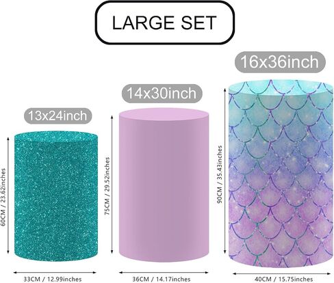 NIVIUS PHOTO Mermaid Purple Cylinder Pedestal Covers, Set of 3,Elastic Spandex,Girl Birthday Baby Shower Party Decoration Props (MermaidPurple,XXXL+XL+L) in Kuwait