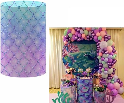 NIVIUS PHOTO Mermaid Purple Cylinder Pedestal Covers, Set of 3,Elastic Spandex,Girl Birthday Baby Shower Party Decoration Props (MermaidPurple,XXXL+XL+L) in Kuwait