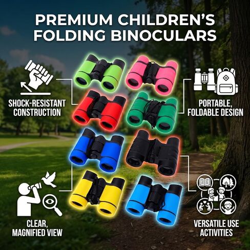 Compact Kids Binoculars Set | Folding Lightweight Bird Watching Telescope for Outdoor Camping Hiking Classroom Activities Birthday Favors Boys Girls Ages 3-12 8PCS in Kuwait