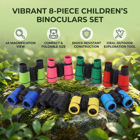 Compact Kids Binoculars Set | Folding Lightweight Bird Watching Telescope for Outdoor Camping Hiking Classroom Activities Birthday Favors Boys Girls Ages 3-12 8PCS in Kuwait
