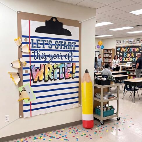 Tingjoo 8 Pcs Large Back to School Classroom Decorations Set, 59 x 79 Inch Lined Notebook Themed Backdrop Photo Props with Pencil Balloon and 5 Shavings, First Day of Schools Classroom Hanging Decor in Kuwait