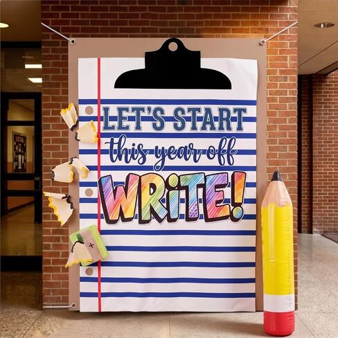Tingjoo 8 Pcs Large Back to School Classroom Decorations Set, 59 x 79 Inch Lined Notebook Themed Backdrop Photo Props with Pencil Balloon and 5 Shavings, First Day of Schools Classroom Hanging Decor in Kuwait