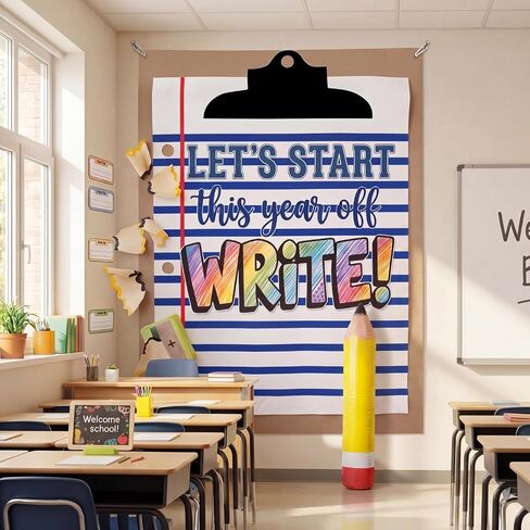 Tingjoo 8 Pcs Large Back to School Classroom Decorations Set, 59 x 79 Inch Lined Notebook Themed Backdrop Photo Props with Pencil Balloon and 5 Shavings, First Day of Schools Classroom Hanging Decor in Kuwait