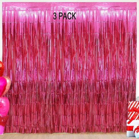 Valentine's Day Party Decorations, 3 Pack 3.2x8.2ft Hot Pink Metallic Foil Fringe Curtain Streamer Backdrop for Bachelorette Birthday Party Supplies in Kuwait