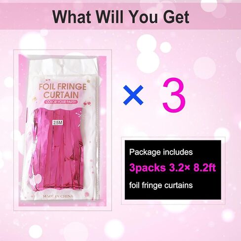 Valentine's Day Party Decorations, 3 Pack 3.2x8.2ft Hot Pink Metallic Foil Fringe Curtain Streamer Backdrop for Bachelorette Birthday Party Supplies in Kuwait