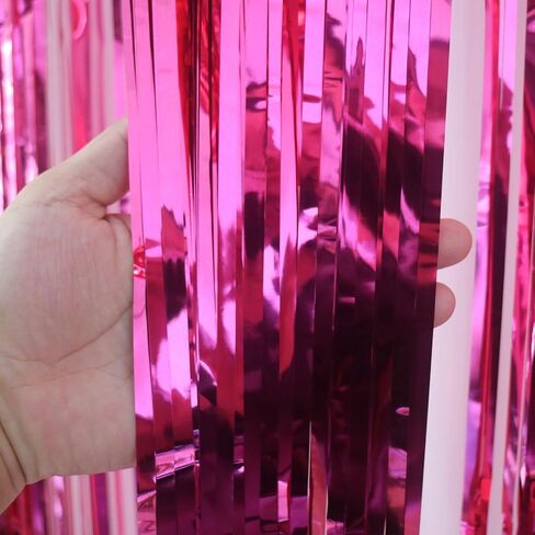Valentine's Day Party Decorations, 3 Pack 3.2x8.2ft Hot Pink Metallic Foil Fringe Curtain Streamer Backdrop for Bachelorette Birthday Party Supplies in Kuwait