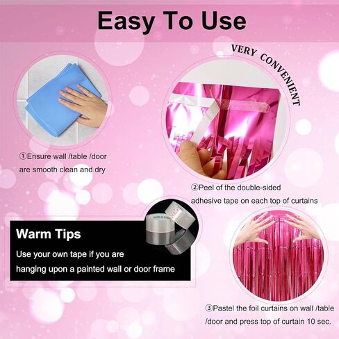 Valentine's Day Party Decorations, 3 Pack 3.2x8.2ft Hot Pink Metallic Foil Fringe Curtain Streamer Backdrop for Bachelorette Birthday Party Supplies in Kuwait