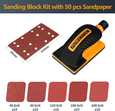 POWERTEC Vacuum Sanding Block w/ 1" OD Dust Collection Port & Hook and Loop Sandpaper (40, 80, 120, 180, 240 Grit 10 Each) for Woodworking, Dust-Free Sanding Tool for Auto Body, Paint, Drywall (71514) in Saudi Arabia