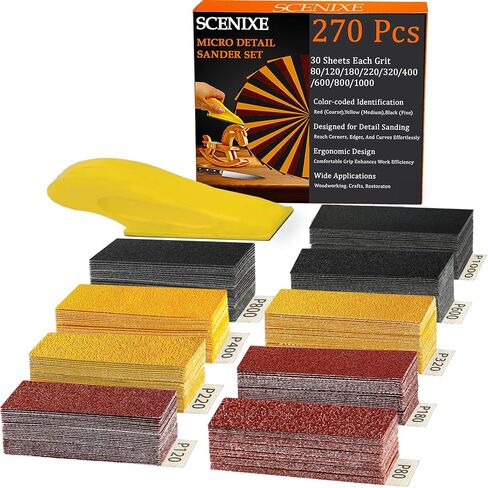 270 PCS Mini Detail Sanding Kit, 80-1000 Grit Sandpaper with Finger Sanding Blocks for Small Areas and Corners, Ideal for Woodworking, Furniture Repair, Crafts and DIY in Kuwait
