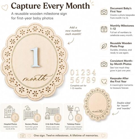 1-12 Monthly Baby Milestone Sign, Natural Basswood Double-Sided Wooden Photo Prop with Interchangeable Numbers for New Parents' First-Year Photos and Nursery Décor in Kuwait
