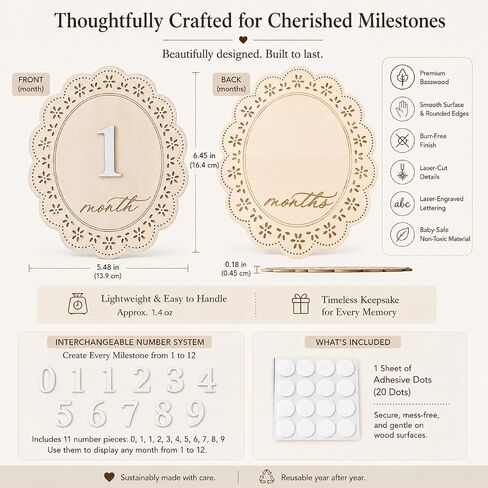 1-12 Monthly Baby Milestone Sign, Natural Basswood Double-Sided Wooden Photo Prop with Interchangeable Numbers for New Parents' First-Year Photos and Nursery Décor in Kuwait