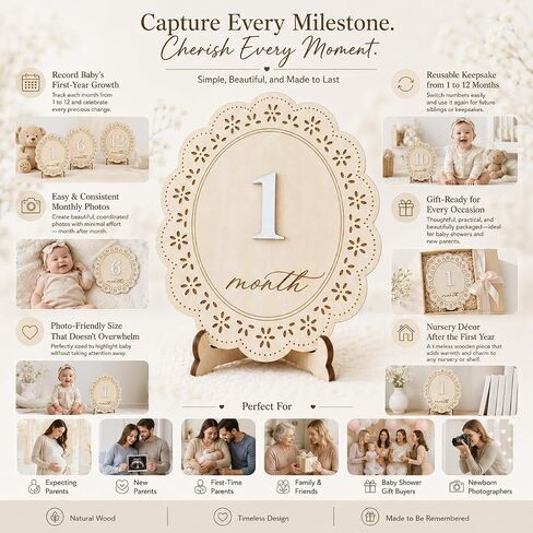 1-12 Monthly Baby Milestone Sign, Natural Basswood Double-Sided Wooden Photo Prop with Interchangeable Numbers for New Parents' First-Year Photos and Nursery Décor in Kuwait