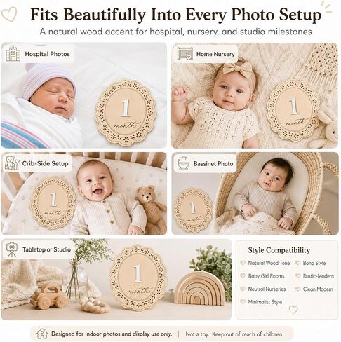1-12 Monthly Baby Milestone Sign, Natural Basswood Double-Sided Wooden Photo Prop with Interchangeable Numbers for New Parents' First-Year Photos and Nursery Décor in Kuwait