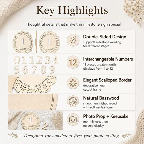 1-12 Monthly Baby Milestone Sign, Natural Basswood Double-Sided Wooden Photo Prop with Interchangeable Numbers for New Parents' First-Year Photos and Nursery Décor in Kuwait