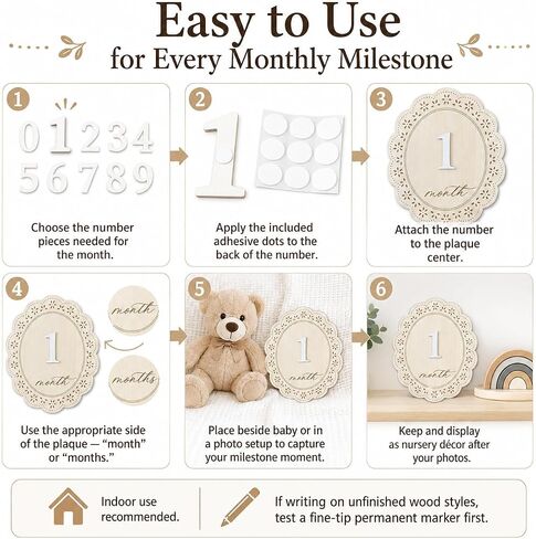 1-12 Monthly Baby Milestone Sign, Natural Basswood Double-Sided Wooden Photo Prop with Interchangeable Numbers for New Parents' First-Year Photos and Nursery Décor in Kuwait