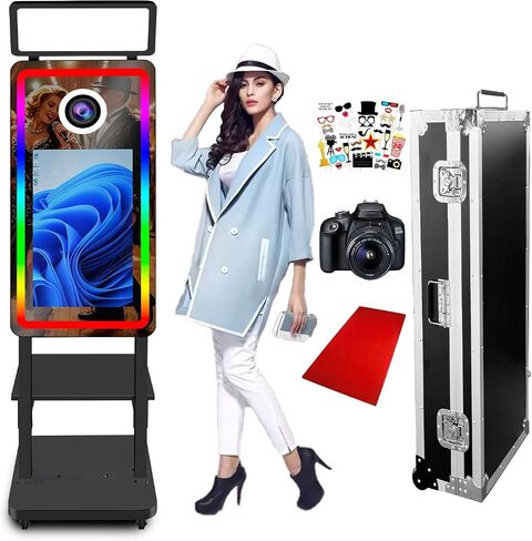 Magic Mirror Photo Booth, 40in Mirror Photobooth Machine with 21.5in Touch Screen, with Square Light, Built-in Mini PC, for Weddings, Parties (Black, with Camera and Printer) in Kuwait