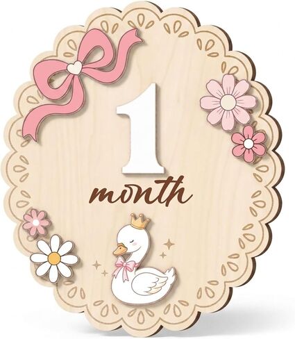 Wooden Baby Monthly Milestone Signs Swan Floral Pink Bow 1-24 Month | Newborn Girl Photography Props, Baby Shower Registry Gift, Infant Age Markers, Growth Tracker, Nursery Decor Keepsake, Oval in Kuwait