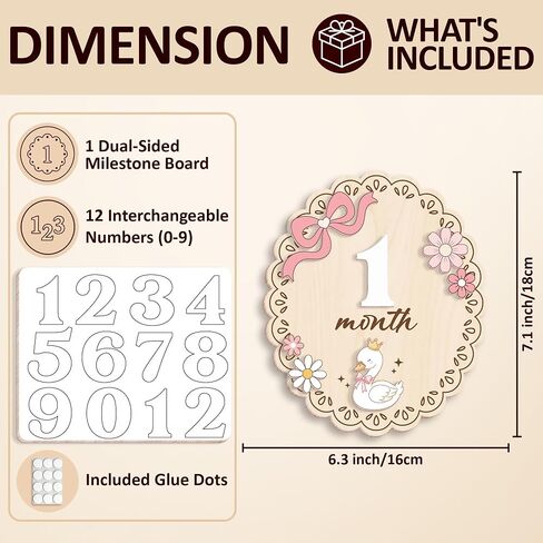 Wooden Baby Monthly Milestone Signs Swan Floral Pink Bow 1-24 Month | Newborn Girl Photography Props, Baby Shower Registry Gift, Infant Age Markers, Growth Tracker, Nursery Decor Keepsake, Oval in Kuwait