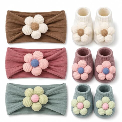 Baby Girl Headbands and Socks Set, 3D Floral Non-Slip, Infant Toddler Newborn Flower Hairbands with Anti-Slip Grip Socks, Photography Birthday Shower Gift in Kuwait