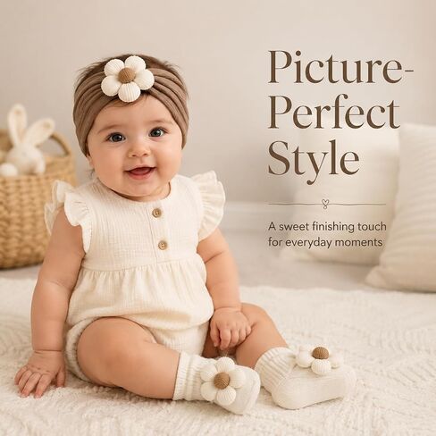 Baby Girl Headbands and Socks Set, 3D Floral Non-Slip, Infant Toddler Newborn Flower Hairbands with Anti-Slip Grip Socks, Photography Birthday Shower Gift in Kuwait