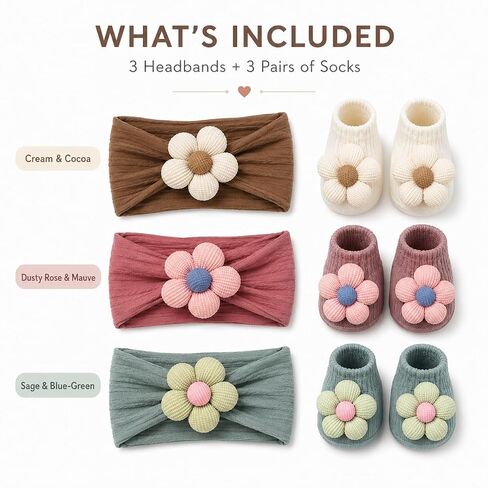Baby Girl Headbands and Socks Set, 3D Floral Non-Slip, Infant Toddler Newborn Flower Hairbands with Anti-Slip Grip Socks, Photography Birthday Shower Gift in Kuwait
