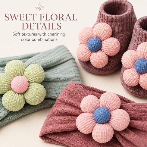 Baby Girl Headbands and Socks Set, 3D Floral Non-Slip, Infant Toddler Newborn Flower Hairbands with Anti-Slip Grip Socks, Photography Birthday Shower Gift in Kuwait