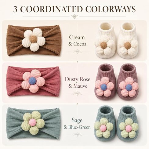 Baby Girl Headbands and Socks Set, 3D Floral Non-Slip, Infant Toddler Newborn Flower Hairbands with Anti-Slip Grip Socks, Photography Birthday Shower Gift in Kuwait