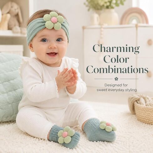 Baby Girl Headbands and Socks Set, 3D Floral Non-Slip, Infant Toddler Newborn Flower Hairbands with Anti-Slip Grip Socks, Photography Birthday Shower Gift in Kuwait