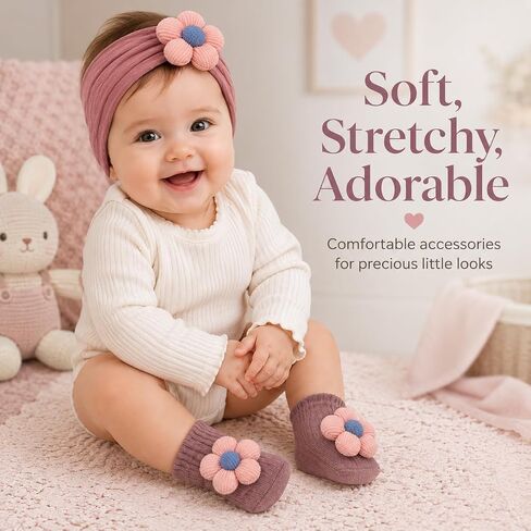 Baby Girl Headbands and Socks Set, 3D Floral Non-Slip, Infant Toddler Newborn Flower Hairbands with Anti-Slip Grip Socks, Photography Birthday Shower Gift in Kuwait