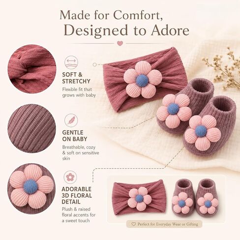 Baby Girl Headbands and Socks Set, 3D Floral Non-Slip, Infant Toddler Newborn Flower Hairbands with Anti-Slip Grip Socks, Photography Birthday Shower Gift in Kuwait