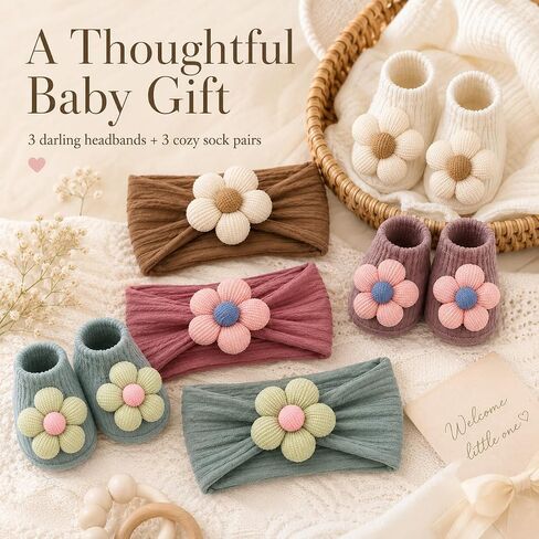 Baby Girl Headbands and Socks Set, 3D Floral Non-Slip, Infant Toddler Newborn Flower Hairbands with Anti-Slip Grip Socks, Photography Birthday Shower Gift in Kuwait