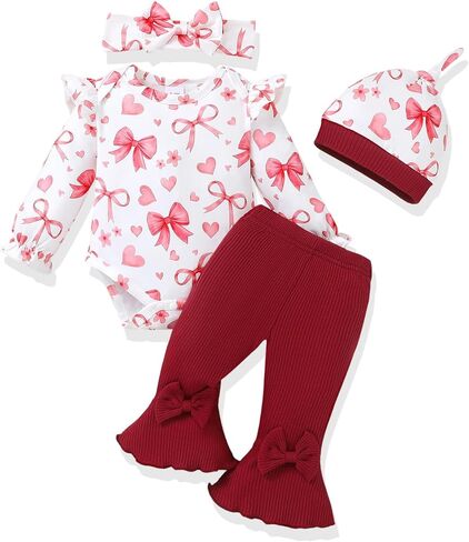 AMAWMW Baby Girl Clothes Ruffle Sleeve Romper Flared Pants Infant Outfit | 4 Pieces Outfit, 0-18 Months, Soft and Skin-friendly Fabric, Bow or Floral Print, Fall Winter Clothing Set in Kuwait
