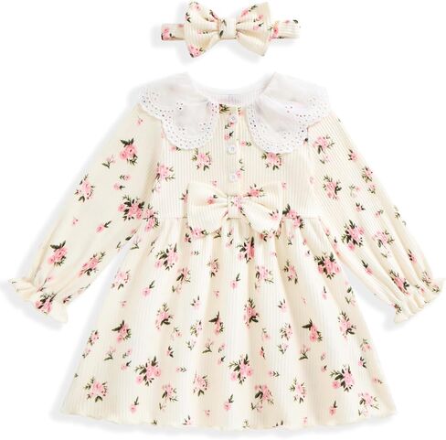 Vibebox Toddler Girls Dress Fall Winter Long Sleeve Princess Outfits 12M-4T | Baby Girl Doll Collar Bows Lantern Sleeves Birthday Dresses, Little Girls Casual Clothes Holiday Party Outfit with Handband in Kuwait