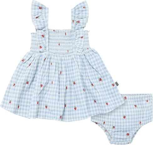 Modern Moments™ by Gerber Baby Girls' 2-Piece Ruffle Sleeve Dress with Smocking & Diaper Cover Set, Ivory Strawberry Gingham, 6-9 Months in Kuwait