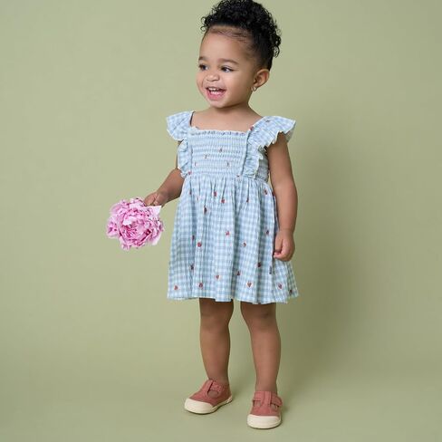 Modern Moments™ by Gerber Baby Girls' 2-Piece Ruffle Sleeve Dress with Smocking & Diaper Cover Set, Ivory Strawberry Gingham, 6-9 Months in Kuwait