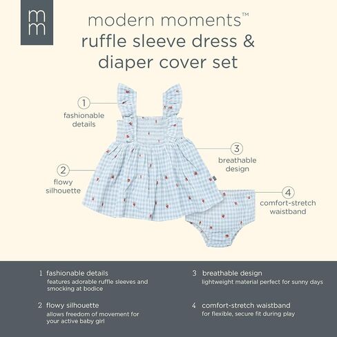 Modern Moments™ by Gerber Baby Girls' 2-Piece Ruffle Sleeve Dress with Smocking & Diaper Cover Set, Ivory Strawberry Gingham, 6-9 Months in Kuwait