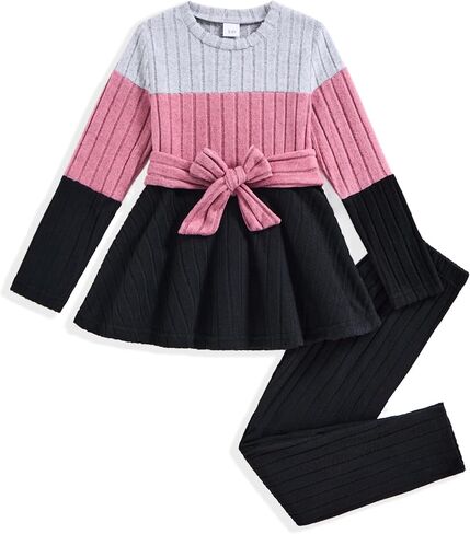 Toddler Girl Clothes Color Block Fall 2 Piece Outfit for Girls | Long Sleeve Ruffle Top with Waistband Ribbed Pant Set, Princess Tutu Outfit, Fall Winter Clothing Set for Girls 3-8 Years in Kuwait