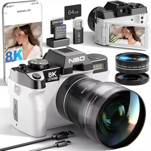 NBD 8K 64MP Digital Cameras for Photography with Dual-Lens,180°Flip Screen—Point and Shoot Digital Cameras with 16X Zoom,Autofocus WiFi Vlogging Camera for Beginners, 2 Batteries,64GB Card (White) in Kuwait