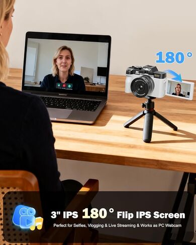 NBD 8K 64MP Digital Cameras for Photography with Dual-Lens,180°Flip Screen—Point and Shoot Digital Cameras with 16X Zoom,Autofocus WiFi Vlogging Camera for Beginners, 2 Batteries,64GB Card (White) in Kuwait